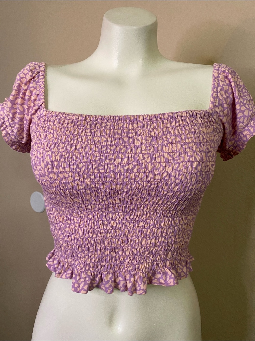 Billabong surf boho Lilac pink Smocked cap sleeve crop top L